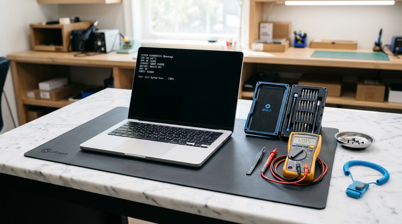 Hardware diagnostic testing with multimeter and tools for liquid damaged laptop